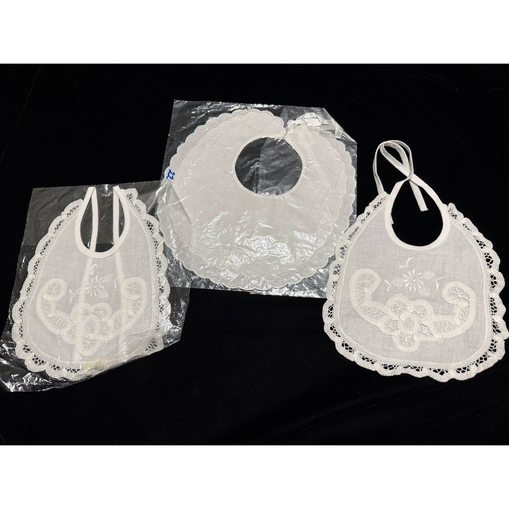 Lot of 3 New VTG White Floral‎ Embroidery Drawstring Doll Bibs